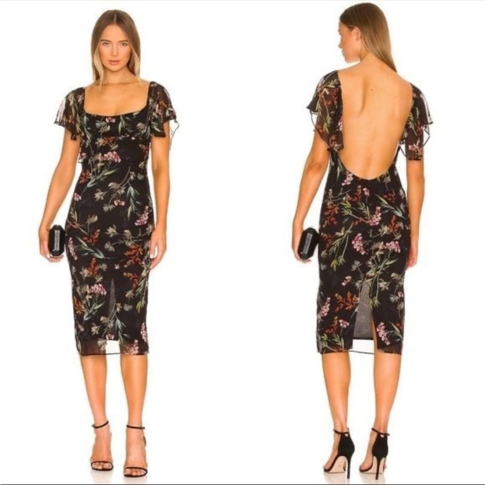 $345 NWT Katie May Posh Dress M Black Floral Chiffon Ruffle Midi Open Back